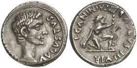(12 a.C.). Octavio Augusto / L. Caninius Gallus. Denario. (RIC. 416) (FFC. 245, mismo ejemplar). 3,97 g. Contramarca en reverso. Bella. Muy rara. EBC....