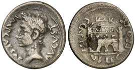 (23 a.C.). Octavio Augusto / P. Carisius. Emérita. Denario forrado. (RIC. 9a) (FFC. 250). 2,89 g. Contramarca en anverso. Muy rara. MBC.