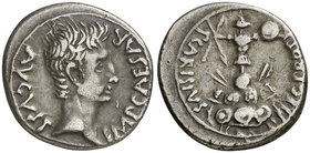 (23 a.C.). Octavio Augusto / P. Carisius. Emérita. Denario. (RIC. 4a) (FFC. 258, mismo ejemplar). 3,69 g. Rara. MBC+.