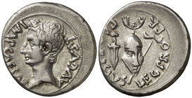 (23 a.C.). Octavio Augusto / P. Carisius. Emérita. Denario. (RIC. 7b) (FFC. 261, mismo ejemplar). 3,78 g. Atractiva. Rara. EBC-.