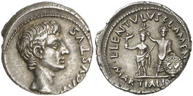 (12 a.C.). Octavio Augusto / Cossus Cn.f. Lentulus. Denario. (RIC. 415) (FFC. 268, mismo ejemplar). 3,85 g. Muy bella. Muy rara. EBC+.