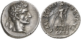 (16 a.C.). Octavio Augusto / L. Mescinius Rufus. Denario. (RIC. 351) (FFC. 290 texto, 291 foto, mismo ejemplar). 3,93 g. Muy bella. Rara. EBC+.