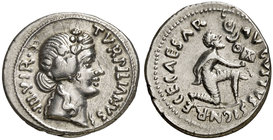 (19 a.C.). Octavio Augusto / P. Petronius Turpilianus. Denario. (RIC. 287) (FFC. 306, mismo ejemplar). 3,95 g. Pequeñas rayitas en anverso. EBC-.