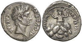 (18 a.C.). Octavio Augusto / P. Petronius Turpilianus. Denario. (RIC. 299) (FFC. 317, mismo ejemplar). 3,75 g. Contramarca en anverso. Muy rara. EBC-.