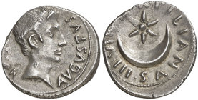 (18 a.C.). Octavio Augusto / P. Petronius Turpilianus. Denario. (RIC. 300) (FFC. 318, mismo ejemplar). 3,45 g. Bella. Rara. EBC.