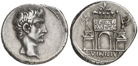 (16 a.C.). Octavio Augusto / L. Vinicius L.f. Denario. (RIC. 359) (FFC. 334, mismo ejemplar). 3,94 g. Bella. Muy rara. EBC/EBC-.