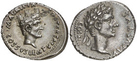 (12 a.C.). Octavio Augusto y Agrippa / Cossus Cornelius Cn.f. Lentulus Gaetulius. Denario. (RIC. 414) (FFC. 337, mismo ejemplar). 4,09 g. Bellísima. E...