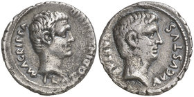 (13 a.C.). Octavio Augusto y Agrippa / C. Sulpicius Plaetorius y M. Vipsanius Agrippa. Denario. (RIC. 408) (FFC. 338, mismo ejemplar). 3,24 g. Muy rar...