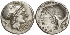 (109-108 a.C.). Gens Lutatia. Sudeste de Italia. Denario. (Craw. 305/1) (FFC. 828). 3,90 g. MBC+.