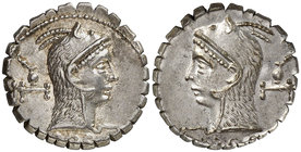 (64 a.C.). Gens Roscia. Italia Central. Denario. (Craw. 412/1) (FFC. 1090). 3,89 g. Muy bella. Ex Leu Numismatics 12/05/2000, nº 483. EBC+.