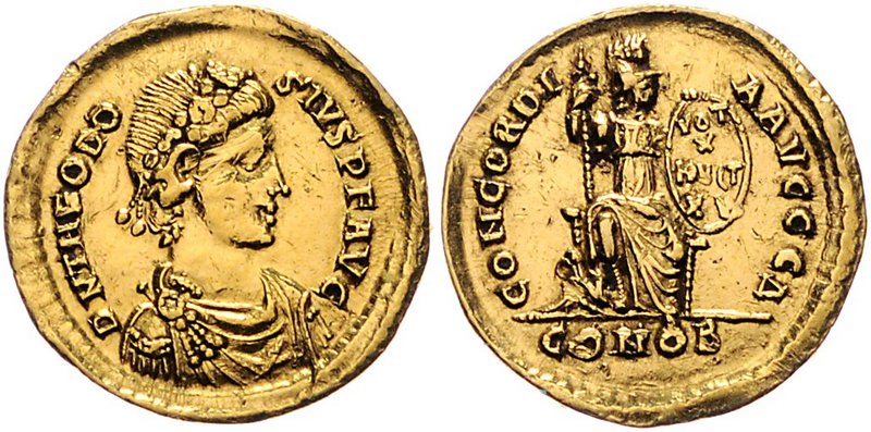 Rom - Kaiserzeit Theodosius I. 379-395 Solidus Konstantinopel Büste n.r. / Thron...