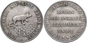 Anhalt - Bernburg Alexander Carl 1834-1863 Ausbeutetaler 1852 A Kahnt 4. Dav. 504. AKS 16. Thun 3. 
Hklsp. ss-vz