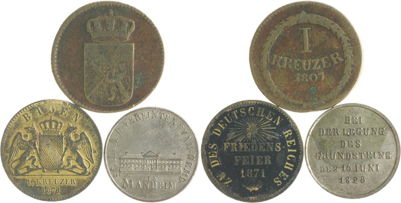 Baden Carl Friedrich 1738-1811 Lot von 3 Stücken: Cu-Kreuzer 1807 (ss), Medaille...