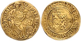 Bayern Albert IV. der Weise 1467-1508 Goldgulden 1506 Variante: Vierfeldiges Wappen von kleinen Bögen eingefasst / Stehende Maria, vor den Knien des H...