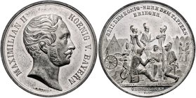 Bayern Maximilian II. 1848-1864 Zinnmedaille 1858 (v. Sebald/Drentwett) a.d. Übungslager bei Augsburg 
40,7mm 25,6g vz
