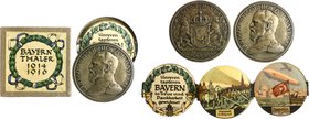 Bayern Ludwig III. 1913-1918 Bronzesteckmedaille 1916 versilbert sog. 'Bayernthaler' (v. R. Klein), mit kompletten 30 kolorierten Papiereinlagen mit M...