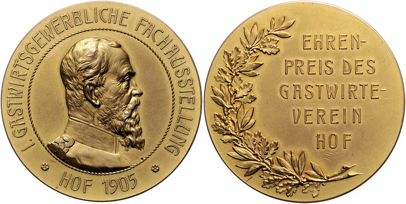 Bayern - Hof Bronzemedaille 1905 vergoldet (v. Lauer) Ehrenpreis des Gastwirte-V...