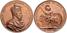 Brandenburg in den Marken - Preussen Wilhelm I. 1861-1888 Bronzemedaille 1887 (v. Schultz) auf seinen 90. Geburtstag 
47,6mm 59,3g vz