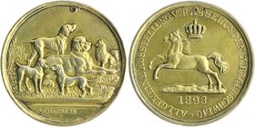 Braunschweig und Lüneburg - Braunschweig, Stadt Silbermedaille 1893 vergoldet (v. Ebel) a.d. Allgemeine Rassehunde-Ausstellung 
mit Bohrspuren, 38,7m...