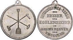 Bremen - Bremerhaven Zinnmedaille o.J. des Unterstützungs-Vereins der Heizer und Kohlenzieher 
selten, m. Orig.Öse 30,3mm 14,4g vz