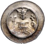 Frankfurt - Reichsmünzstätte Brakteat (1260/1270) Gekröntes Brustbild mit Lilienzepter und Reichsapfel über Gitterbogen Häv. 177. Bonh. -. aus Fd. Sch...