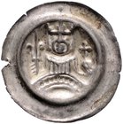 Frankfurt - Reichsmünzstätte Brakteat (1260/1270) Gekröntes Brustbild mit Lilienzepter und Reichsapfel über Gitterbogen Häv. 177. Bonh. -. aus Fd. Sch...