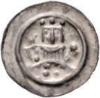 Frankfurt - Reichsmünzstätte Brakteat (1260/1270) König mit Zepter und Reichsapfel über Bogen, darunter nach links schreitender Löwe Häv. 192. Bonh. 1...