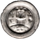 Frankfurt - Reichsmünzstätte Brakteat (1260/1270) König mit Zepter und Reichsapfel über Bogen, darunter nach links schreitender Löwe Häv. 192. Bonh. 1...