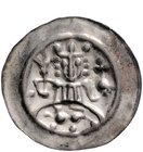 Frankfurt - Reichsmünzstätte Brakteat (1260/1270) König mit Zepter und Reichsapfel über Bogen, darunter nach links schreitender Löwe, im Feld links ei...
