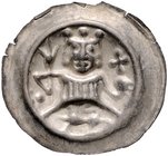 Frankfurt - Reichsmünzstätte Brakteat (1260/1270) König mit Zepter und Reichsapfel über Bogen, darunter nach links schreitender Löwe, im Feld links ei...