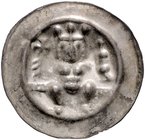 Frankfurt - Reichsmünzstätte Brakteat (1260/1270) Gekrönter König mit Kreuzstab und Doppelreichsapfel auf Gitterleiste Häv. 204. Bonh. 1530. aus Fd. S...