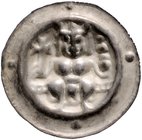 Frankfurt - Reichsmünzstätte Brakteat (1260/1270) Thronender König mit Kreuzstab und Doppelreichsapfel auf Gitterleiste, außen 4 Kugeln Häv. 206. Bonh...