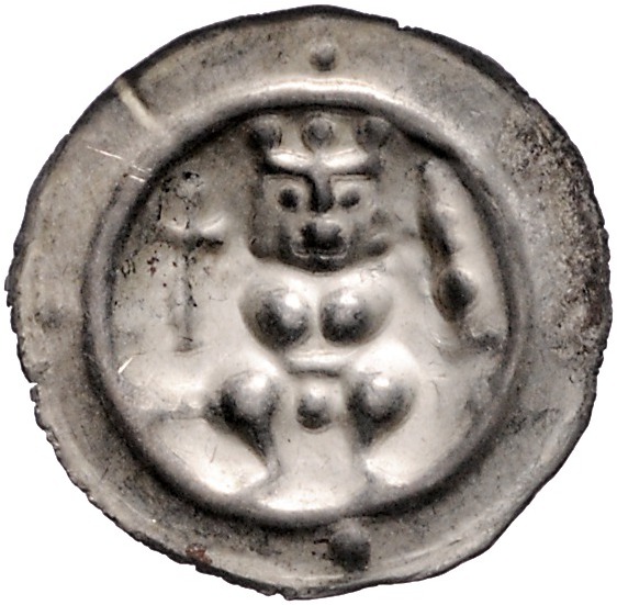 Frankfurt - Reichsmünzstätte Brakteat (1260/1270) Thronender König mit Kreuzstab...
