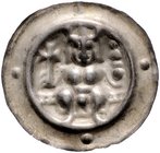 Frankfurt - Reichsmünzstätte Brakteat (1260/1270) Thronender König mit Kreuzstab und Doppelreichsapfel auf Gitterleiste, außen 4 Kugeln Häv. 206. Bonh...