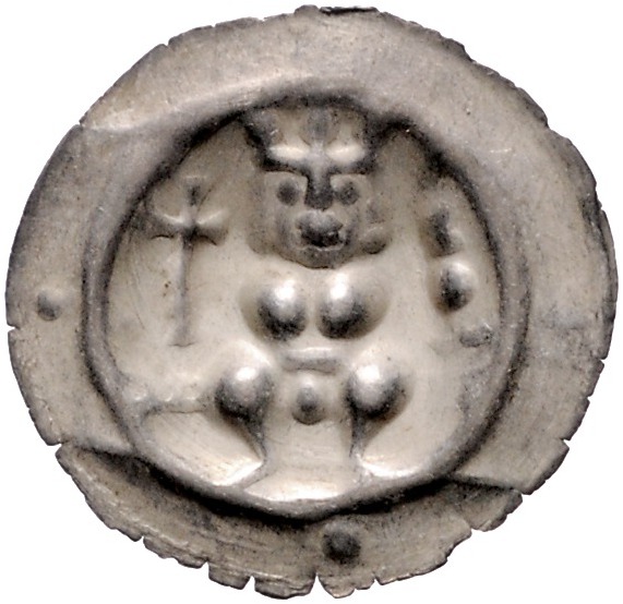 Frankfurt - Reichsmünzstätte Brakteat (1260/1270) Thronender König mit Kreuzstab...