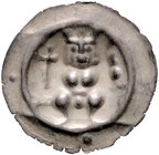 Frankfurt - Reichsmünzstätte Brakteat (1260/1270) Thronender König mit Kreuzstab und Doppelreichsapfel auf Gitterleiste, außen 4 Kugeln Häv. 206. Bonh...