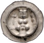 Frankfurt - Reichsmünzstätte Brakteat (1260/1270) Thronender König mit Kreuzstab und Doppelreichsapfel auf Gitterleiste, außen 4 Kugeln Häv. 206. Bonh...