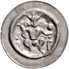 Frankfurt - Reichsmünzstätte Brakteat (1260/1270 und später) Thronender König mit Zepter und Reichsapfel, unten beiderseits ein Turm. Kreuz aus vier K...