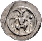 Frankfurt - Reichsmünzstätte Brakteat (1260/1270 und später) Thronender König mit Zepter und Reichsapfel, unten beiderseits ein Turm. Kreuz aus vier K...