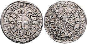 Frankfurt - Stadt Turnose o.J. (1500-1511) Adler in Lilien- u. Schriftkreis / Kreuz in doppelter Umschrift J.+F. 167. aus Fd. Fulda 89. 
2,76 g vz