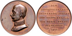 Frankfurt - Stadt Bronzemedaille 1849 (v. Zollmann) Dem Reichsverweser Erzherzog Johann v. Österreich J.+F. 1205. 
39,6mm 30,9g vz