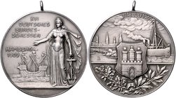 Hamburg Silbermedaille 1909 (unsign.) a.d.16. Deutsche Bundesschießen am 11.-18. Juli, i.Rd: 950 Steulm. 9. Peltzer 1249. Gaed. 2745. 
m. Orig.Öse 40...