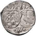 Henneberg Wilhelm V 1480-1559 Einseitiger Pfennig 1537 W mit Doppelwappen Heus 195 b. Slg. Fiorino 2622. aus Fd. Fulda 28. 
0,46 g ss