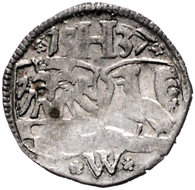 Henneberg Wilhelm V 1480-1559 Einseitiger Pfennig 1537 W mit Doppelwappen Heus 1...