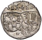 Henneberg Wilhelm V 1480-1559 Einseitiger Pfennig 1545 Falke - Schleusingen mit Doppelwappen Heus 205. aus Fd. Fulda 31. 
0,45 g vz