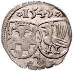 Henneberg Wilhelm V 1480-1559 Einseitiger Pfennig 1545 Falke - Schleusingen mit Doppelwappen Heus 205. aus Fd. Fulda 31. 
0,49 g ss-vz