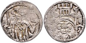 Hessen - Landgrafschaft Heinrich I. 1265-1308 Pfennig 'Denar von Wolfhagen', sog. 'Teichtörchen'. Hüftbild des Fürsten mit Schwert und Reichsapfel / B...