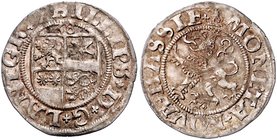 Hessen - Landgrafschaft Philipp I. der Großmütige. 1509-1567 1/2 Albus 1538 Viergeteiltes hessisches Wappen mit Katzenelnbogen, Ziegenhain, Nidda und ...