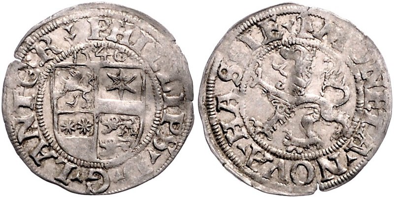 Hessen - Landgrafschaft Philipp I. der Großmütige. 1509-1567 1/2 Albus 1540 Vier...