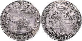 Hessen - Kassel Wilhelm V. 1617-1637 Weidenbaumtaler 1630 Der Weidenbaum mit Blitz, Wolken, Sturm und Regen vor einer Mauer mit 2-2 Häusern. 17 Strahl...